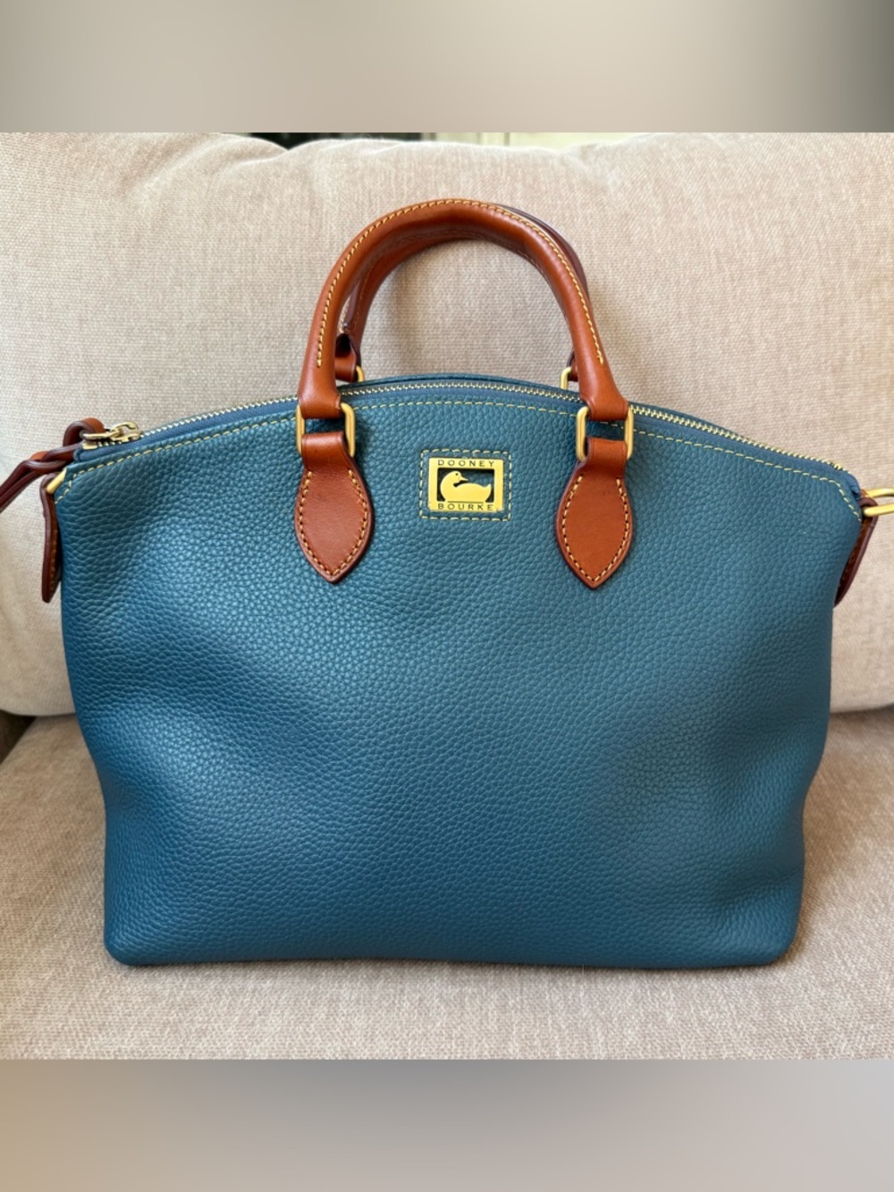 Dooney & Bourke Dillen Satchel Denim Pebbled Leather Brown Trim Crossbody Strap